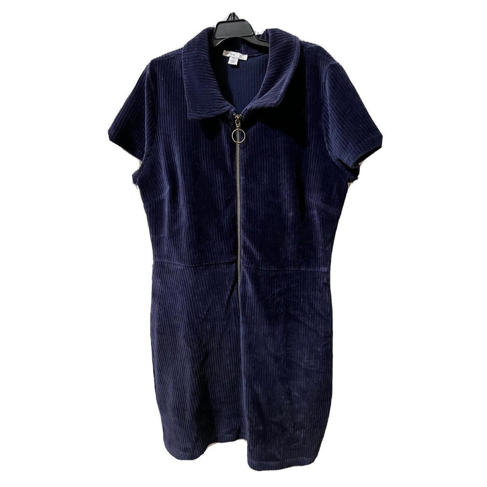 C Est 1946 Blue Velour Corduroy Ribbed Short Sleeve Zippered Front Dress